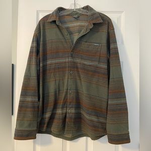 Eddie Bauer Men’s Fleece Shacket, green and orange stripe